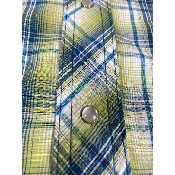 Wrangler Mens Western Cowboy Shirt Green Plaid Short Sleeve Pocket Pearl Snap L - Picture 5 of 7
